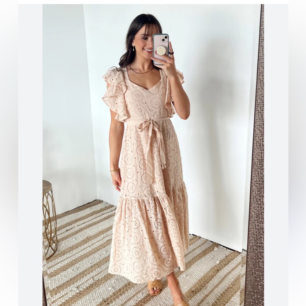 HYFVE Mackenzie Eyelet Tiered Ruffle Sleeve Maxi Dress Blush